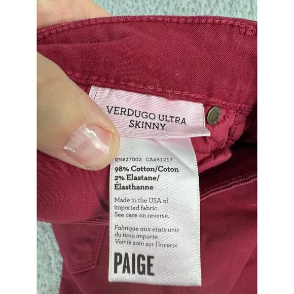 Paige Verdugo Ultra Skinny Womens 25 Red Jeans Comfort Office Cotton/Elastane - Picture 6 of 16
